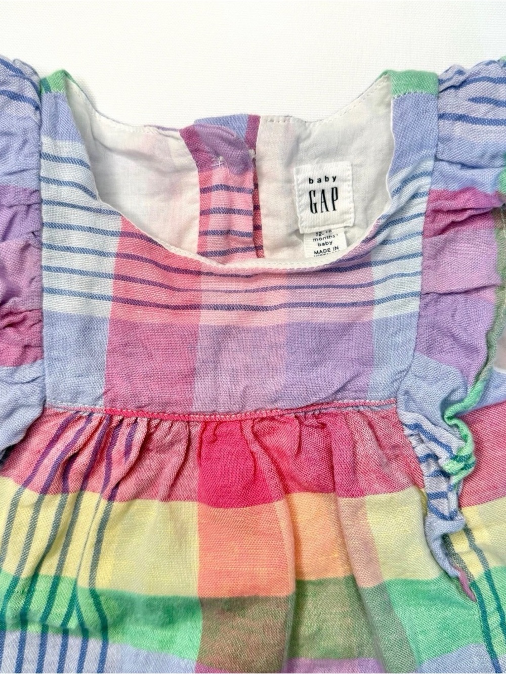 BABY GAP Dress Ruffle Sleeve Plaid A-Line Pink Purple Blue Yellow 12-18 Months - Picture 2 of 5